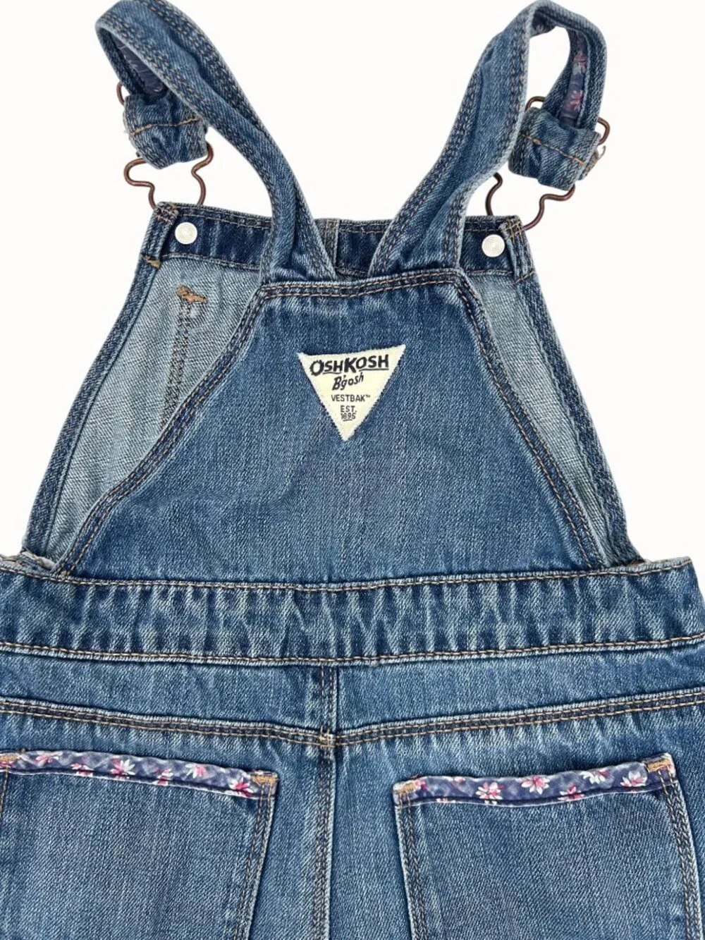OSHKOSH BGOSH 4T GIRLS DENIM OVERALLS W/ FLORAL CUFF ACCENTS & ADJUSTABLE STRAPS